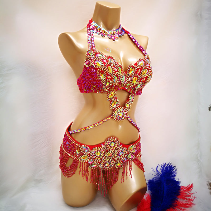 Beaded Crystal Belly Dance Costume Bra+Belt+Necklace 3pc Performance Set