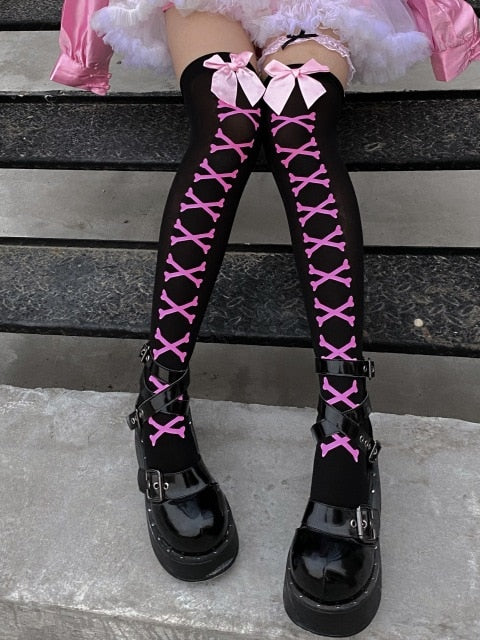 Lolita Bow Fishnet Stockings Thigh High Over Knee Socks
