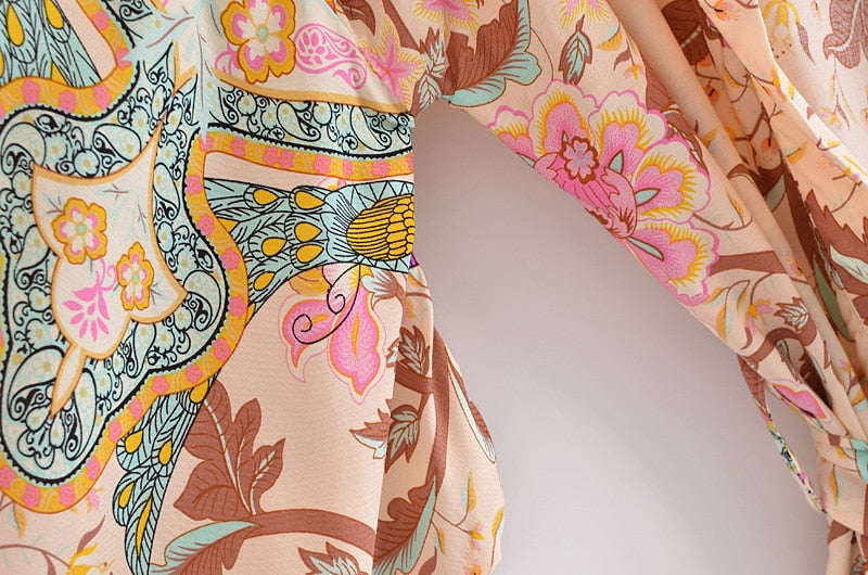 Boho Vintage Peacock Floral Print Short Kimono Jacket