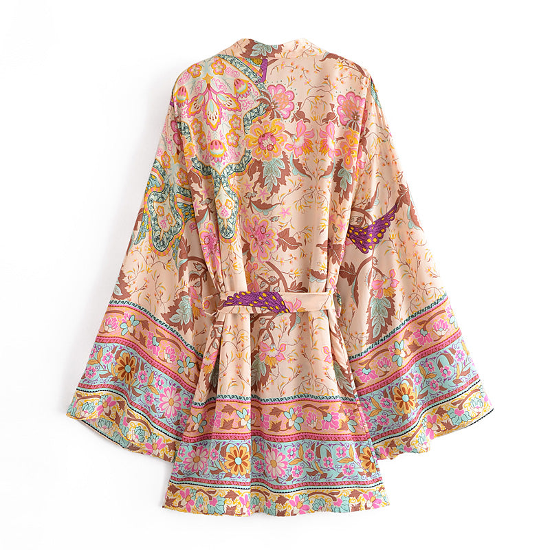 Boho Vintage Peacock Floral Print Short Kimono Jacket