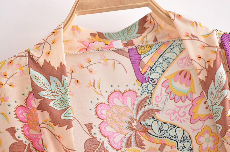 Boho Vintage Peacock Floral Print Short Kimono Jacket