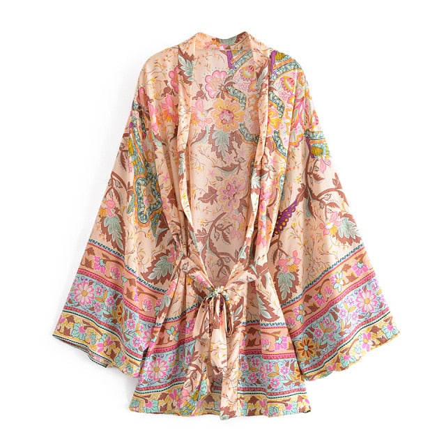 Boho Vintage Peacock Floral Print Short Kimono Jacket