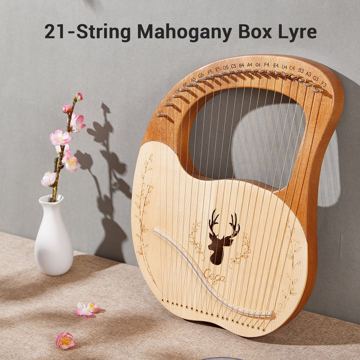 Mahogany Lyre Harp 21 Metal Strings String Instrument