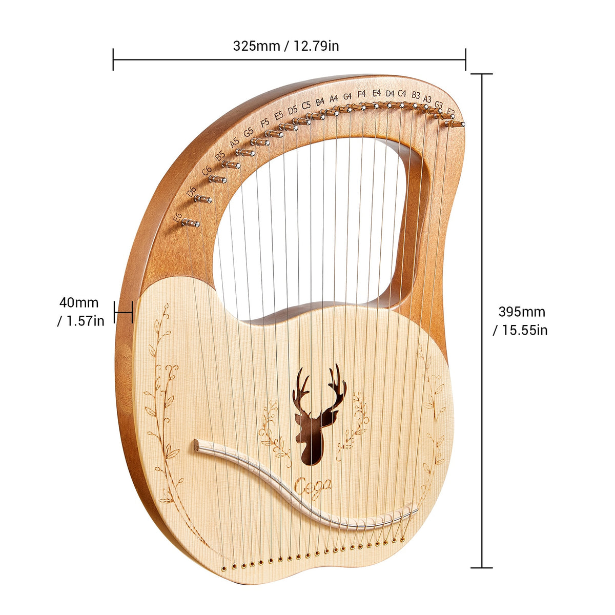Mahogany Lyre Harp 21 Metal Strings String Instrument