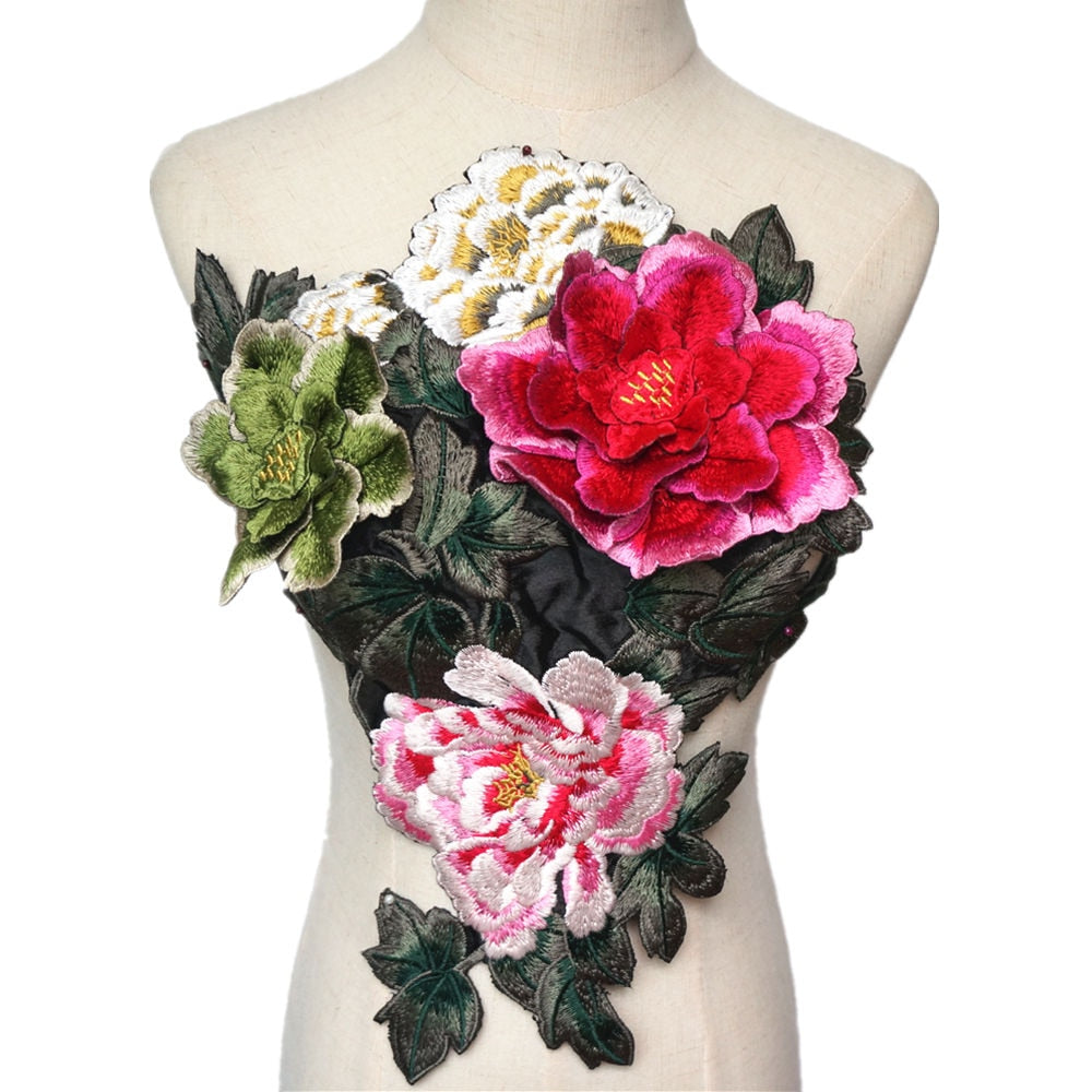 Embroidered Peony Flowers Leaves Sew On Applique Patches DIY Decoration Craft