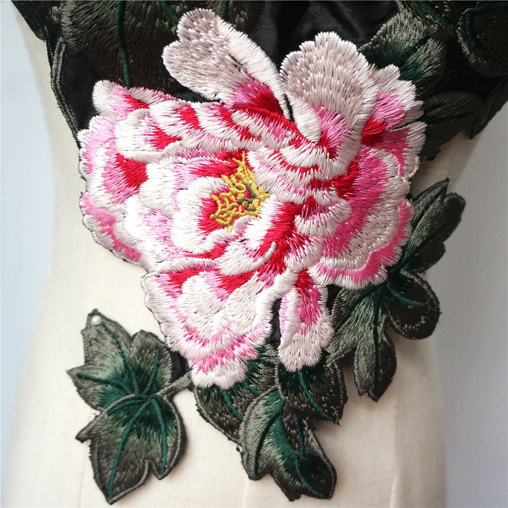 Embroidered Peony Flowers Leaves Sew On Applique Patches DIY Decoration Craft