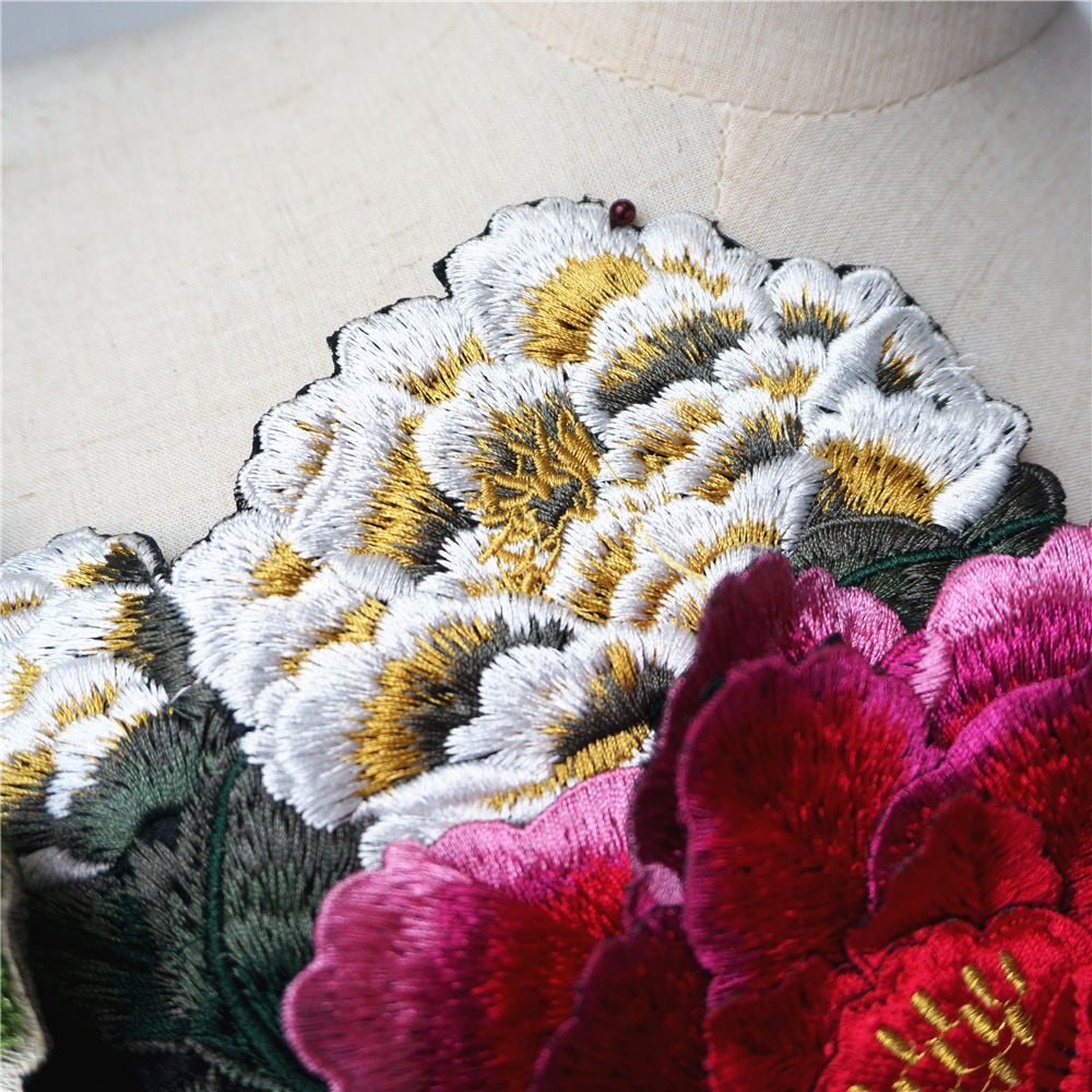 Embroidered Peony Flowers Leaves Sew On Applique Patches DIY Decoration Craft