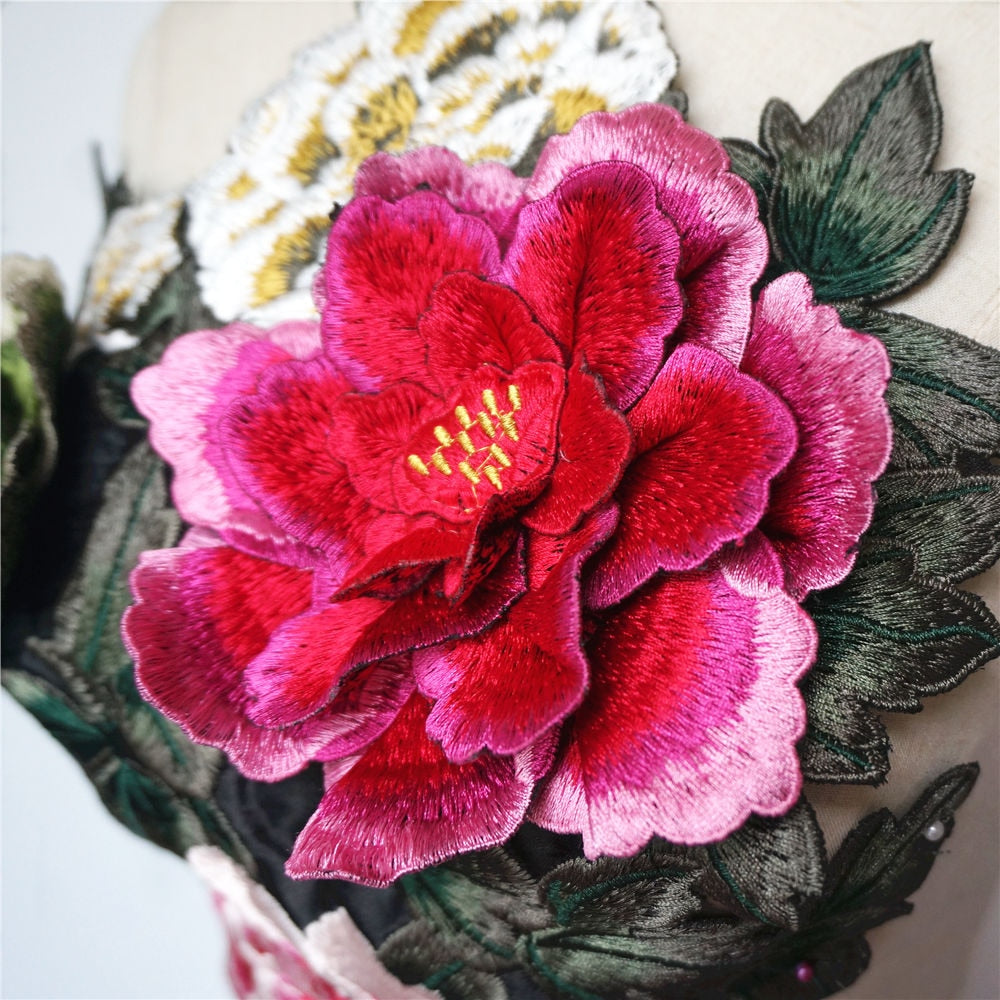 Embroidered Peony Flowers Leaves Sew On Applique Patches DIY Decoration Craft
