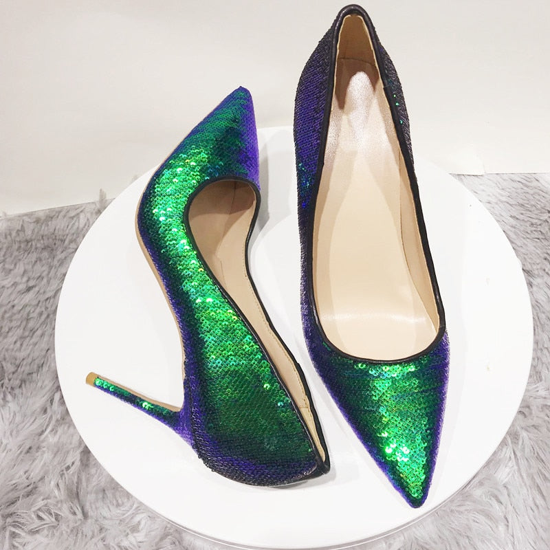 Dark Green Sparkly Sequins Stiletto Pumps High Heel Shoes Sizes 3-12