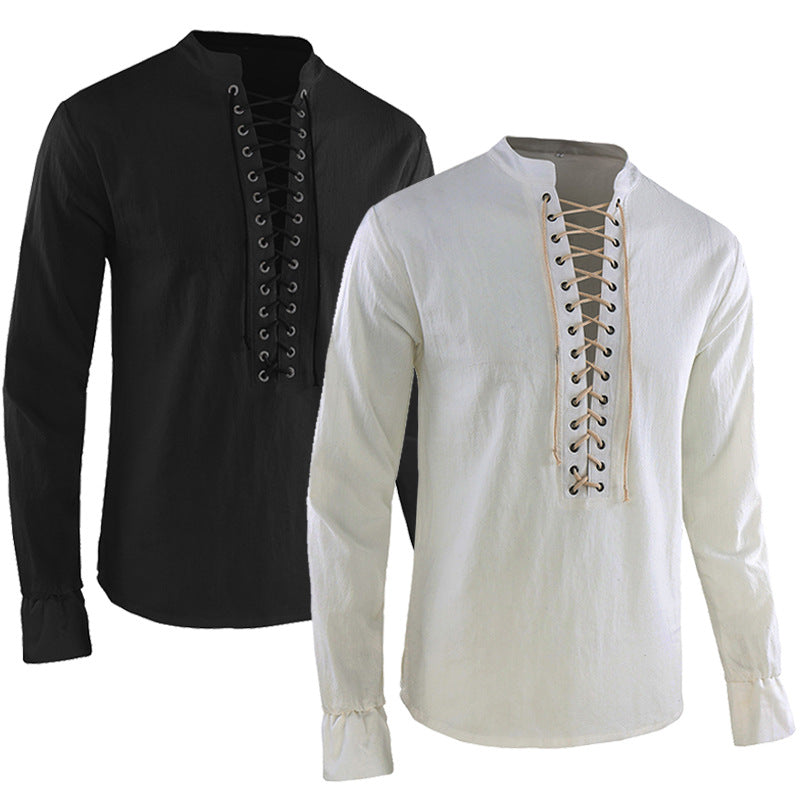 Men Medieval Lace-Up Shirt Knight Shirt Viking Pirate Cosplay Costume