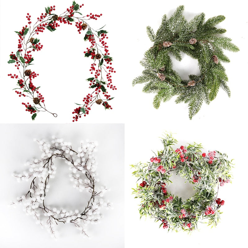 Christmas Wreath Berries Cones Artificial Vine Hanging Floral Foliage Garland Christmas Decorations