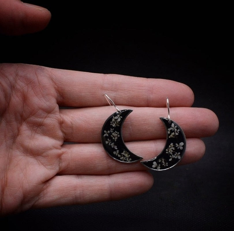 Boho Botanical Crescent Moon Earrings with Pressed Flowers