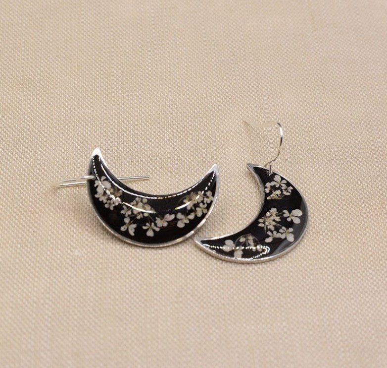 Boho Botanical Crescent Moon Earrings with Pressed Flowers