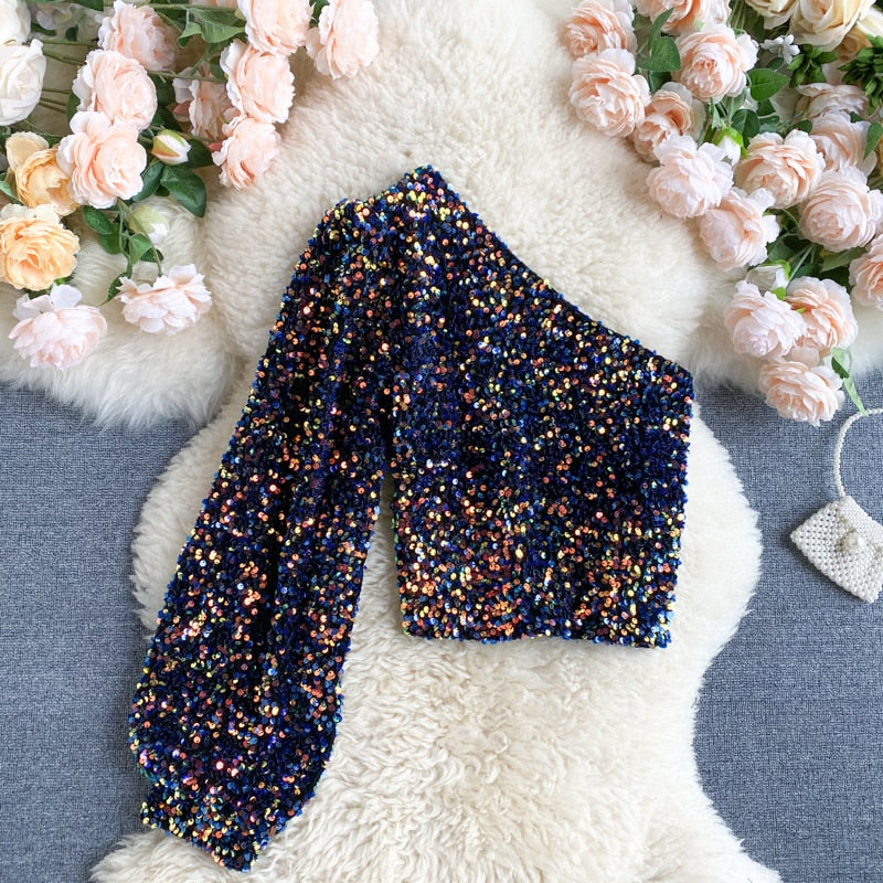 She's a Star One Shoulder Puff Sleeve Short Sequinned Top