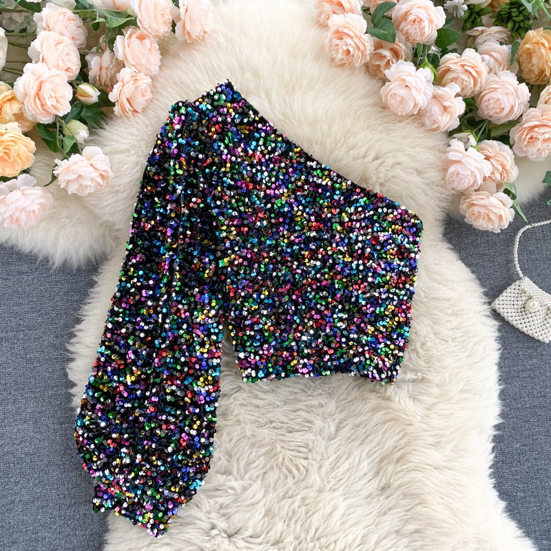 She's a Star One Shoulder Puff Sleeve Short Sequinned Top