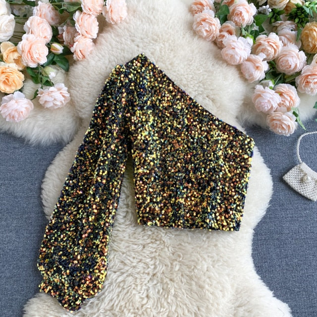 She's a Star One Shoulder Puff Sleeve Short Sequinned Top