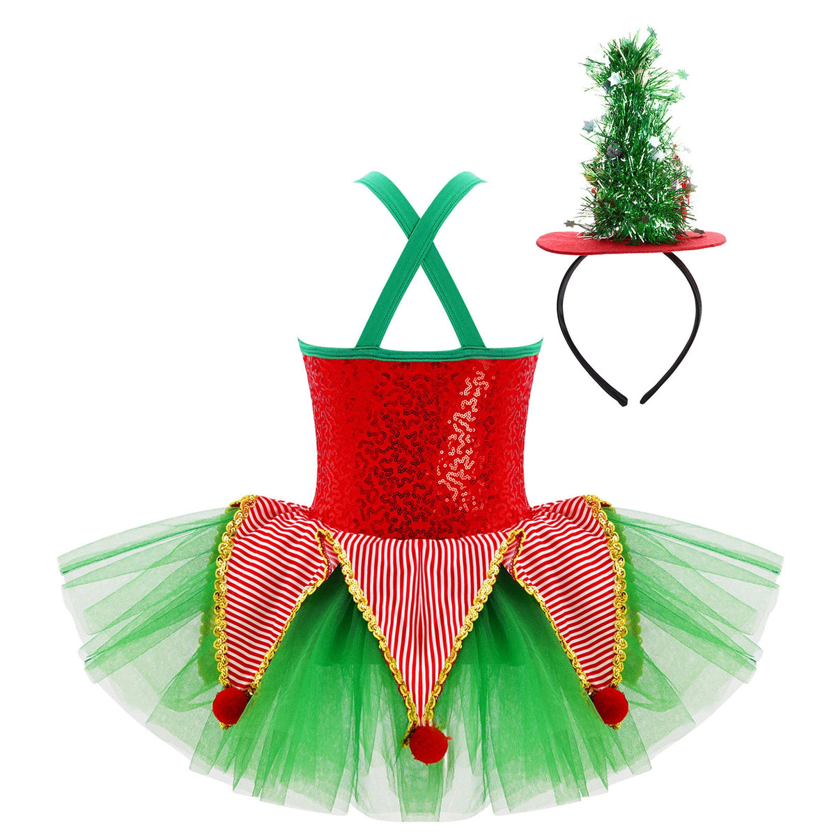 Girls Christmas Concert Performance Costume Leotard Tutu Dress with Headband