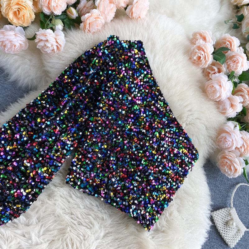 She's a Star One Shoulder Puff Sleeve Short Sequinned Top