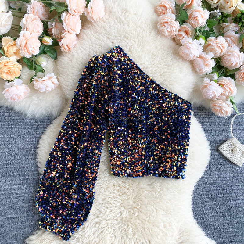 She's a Star One Shoulder Puff Sleeve Short Sequinned Top