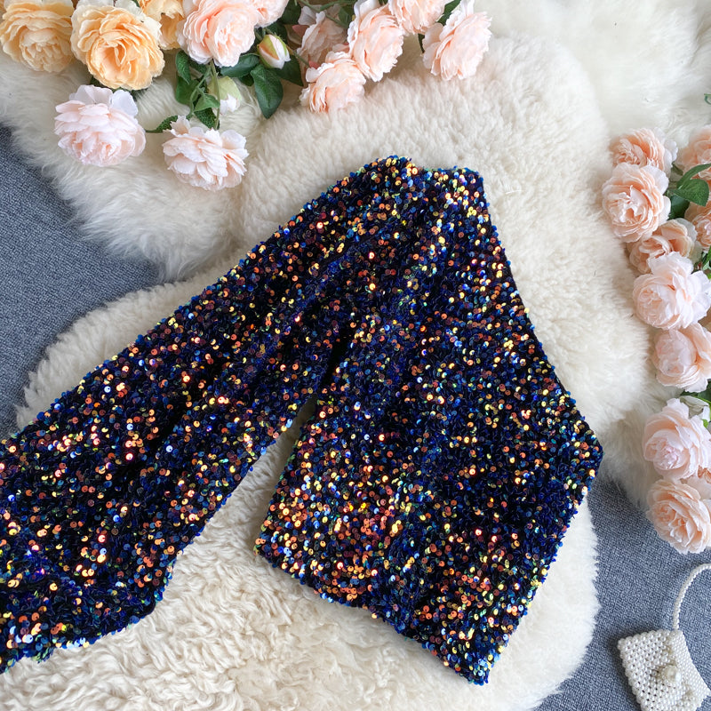 She's a Star One Shoulder Puff Sleeve Short Sequinned Top