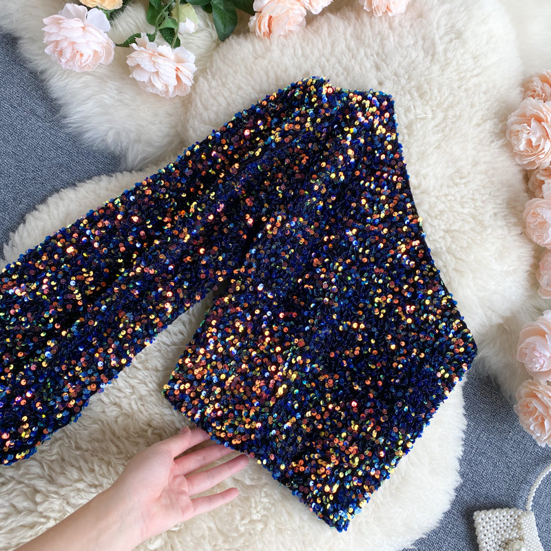 She's a Star One Shoulder Puff Sleeve Short Sequinned Top