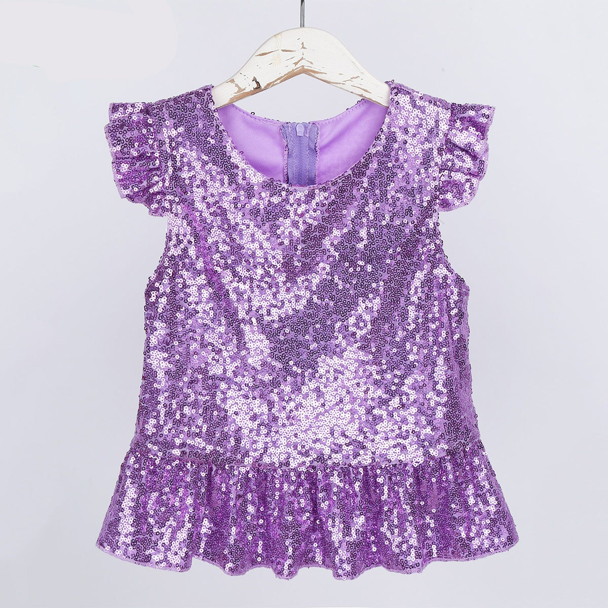 Girls Mermaid Sparkly Sequins Short Flutter Cap Sleeves Ruffle T-shirts Dance Performance Party Tops