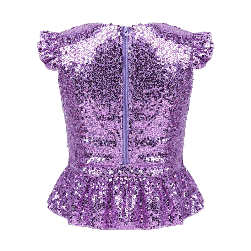 Girls Mermaid Sparkly Sequins Short Flutter Cap Sleeves Ruffle T-shirts Dance Performance Party Tops