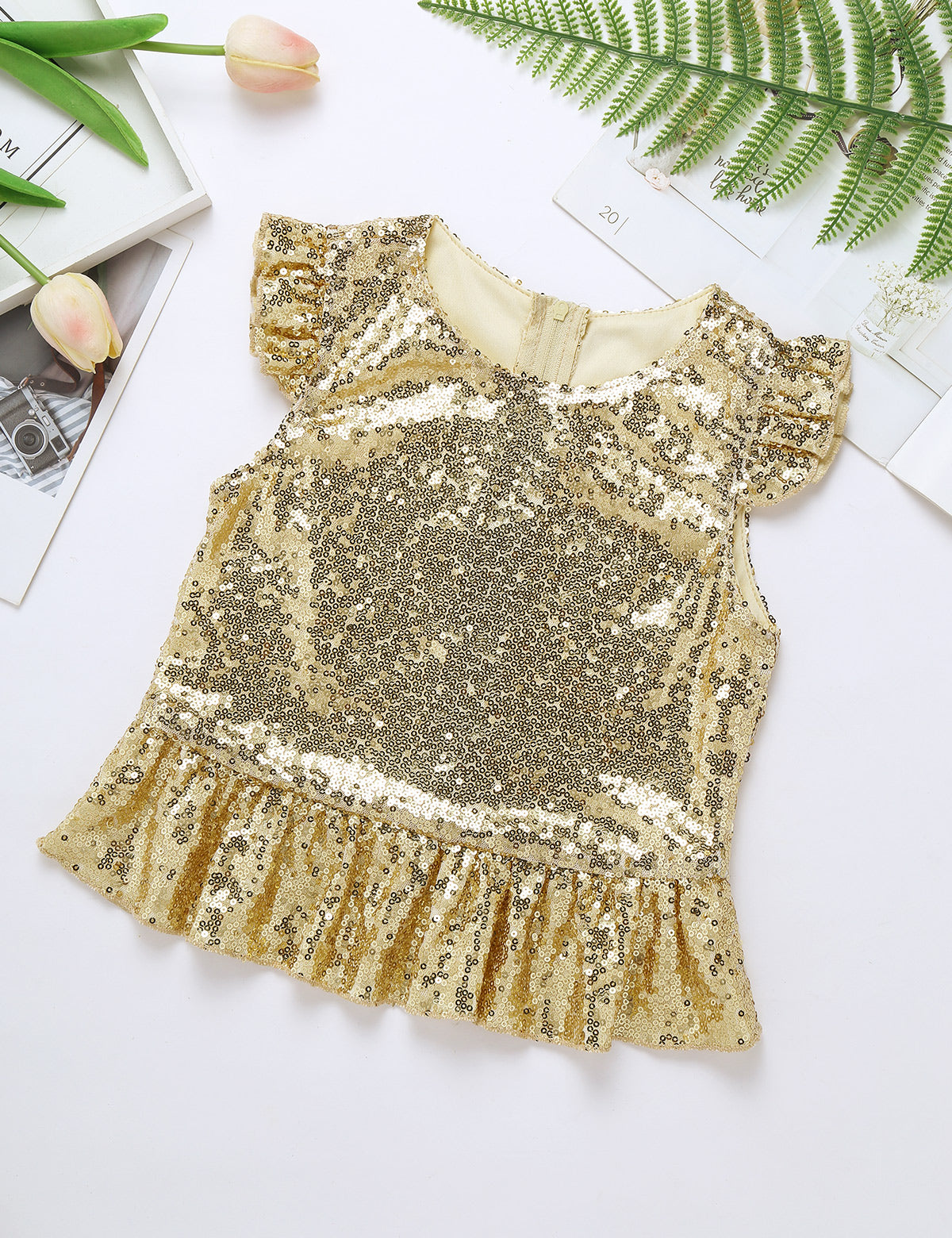 Girls Mermaid Sparkly Sequins Short Flutter Cap Sleeves Ruffle T-shirts Dance Performance Party Tops