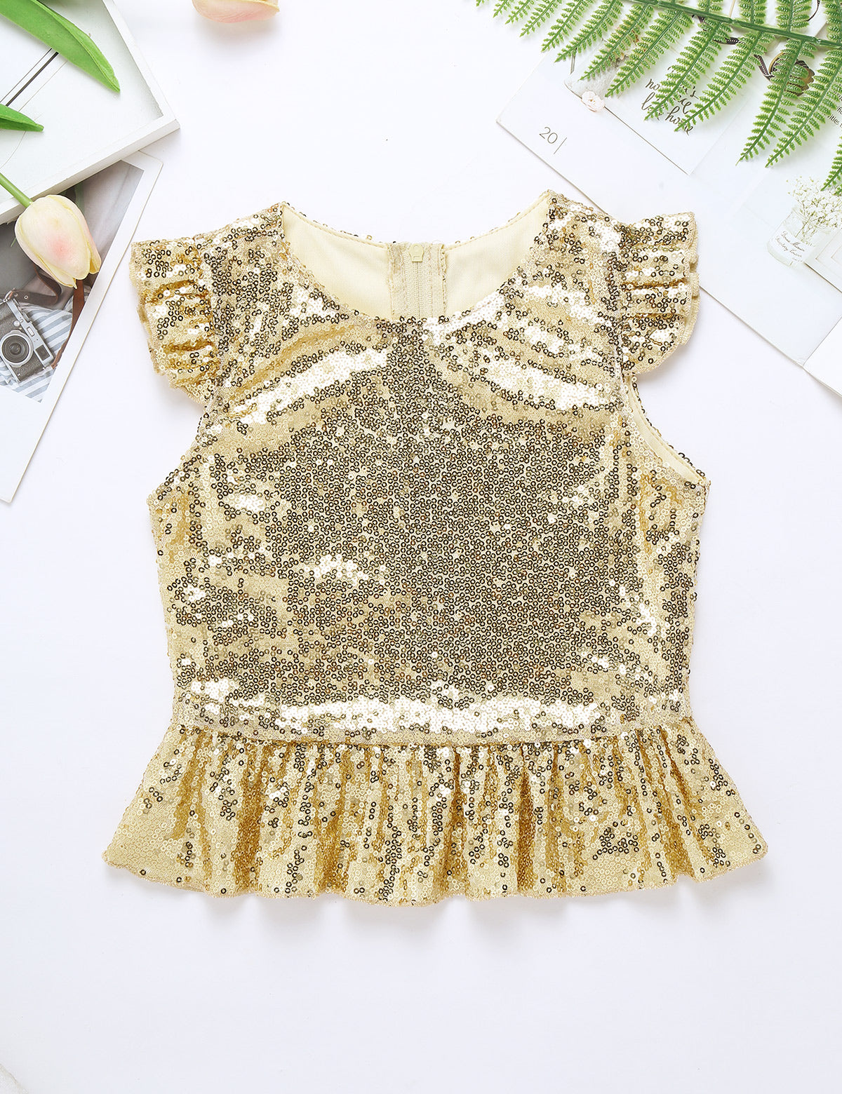 Girls Mermaid Sparkly Sequins Short Flutter Cap Sleeves Ruffle T-shirts Dance Performance Party Tops