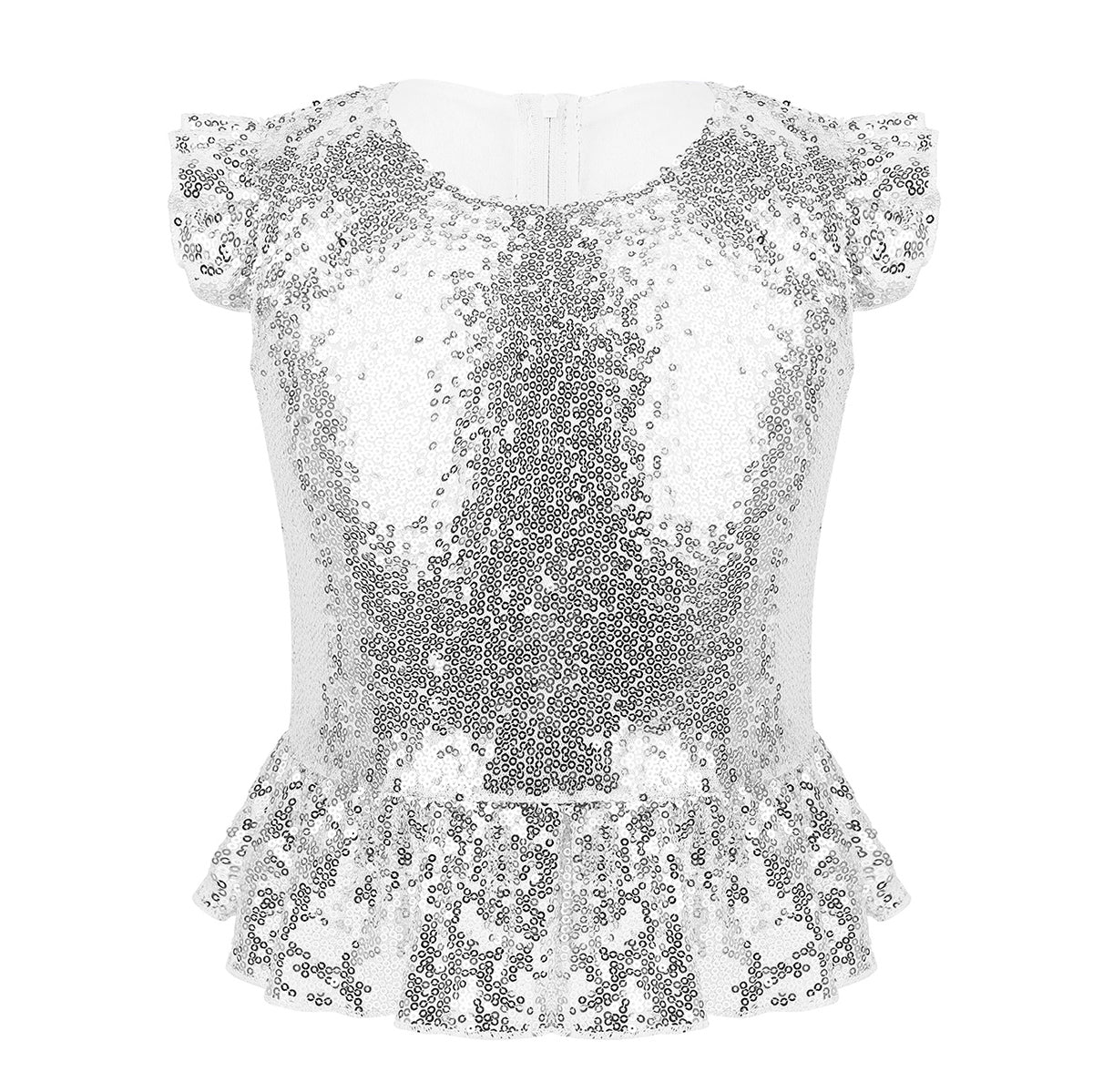 Girls Mermaid Sparkly Sequins Short Flutter Cap Sleeves Ruffle T-shirts Dance Performance Party Tops