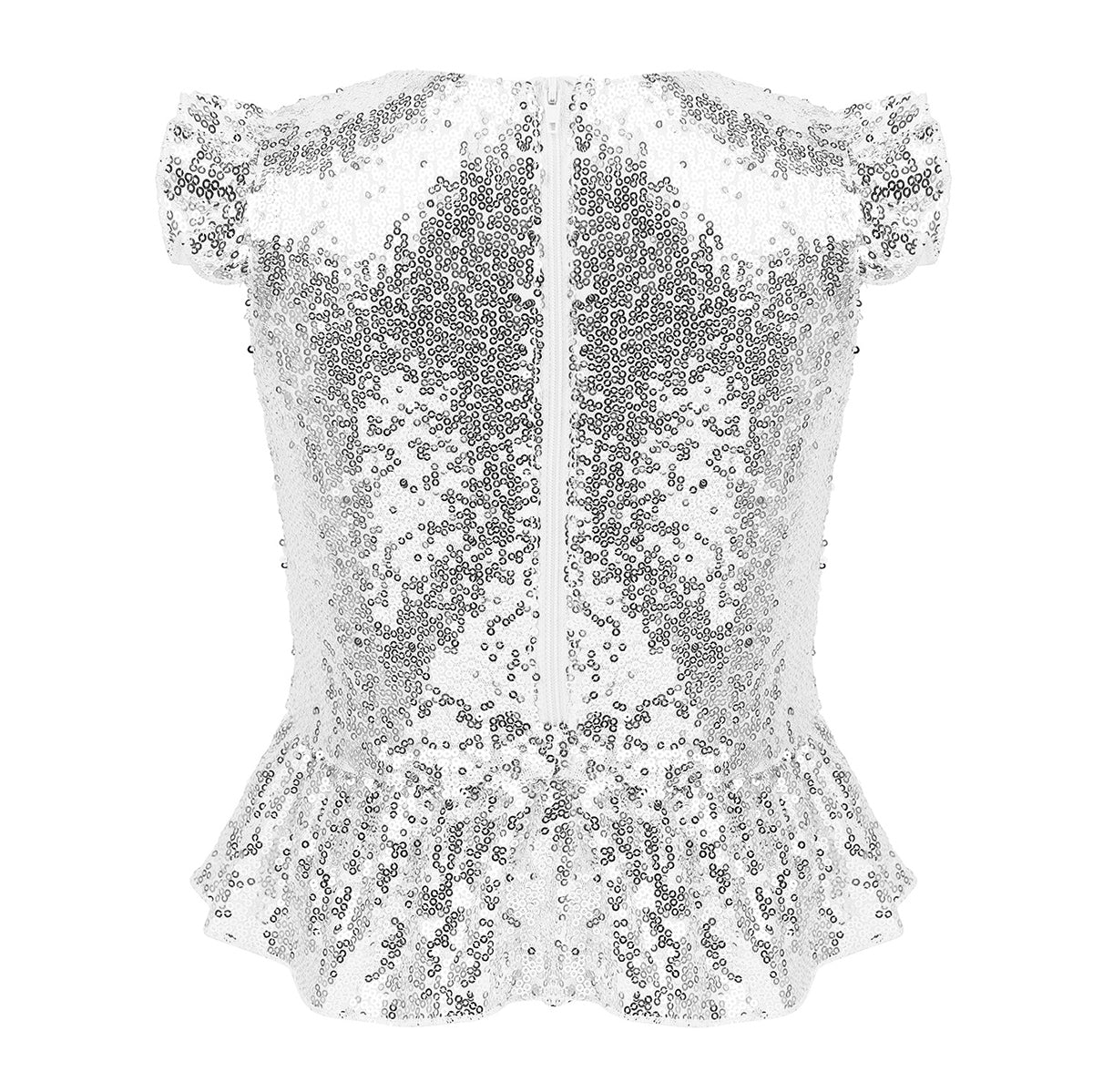 Girls Mermaid Sparkly Sequins Short Flutter Cap Sleeves Ruffle T-shirts Dance Performance Party Tops