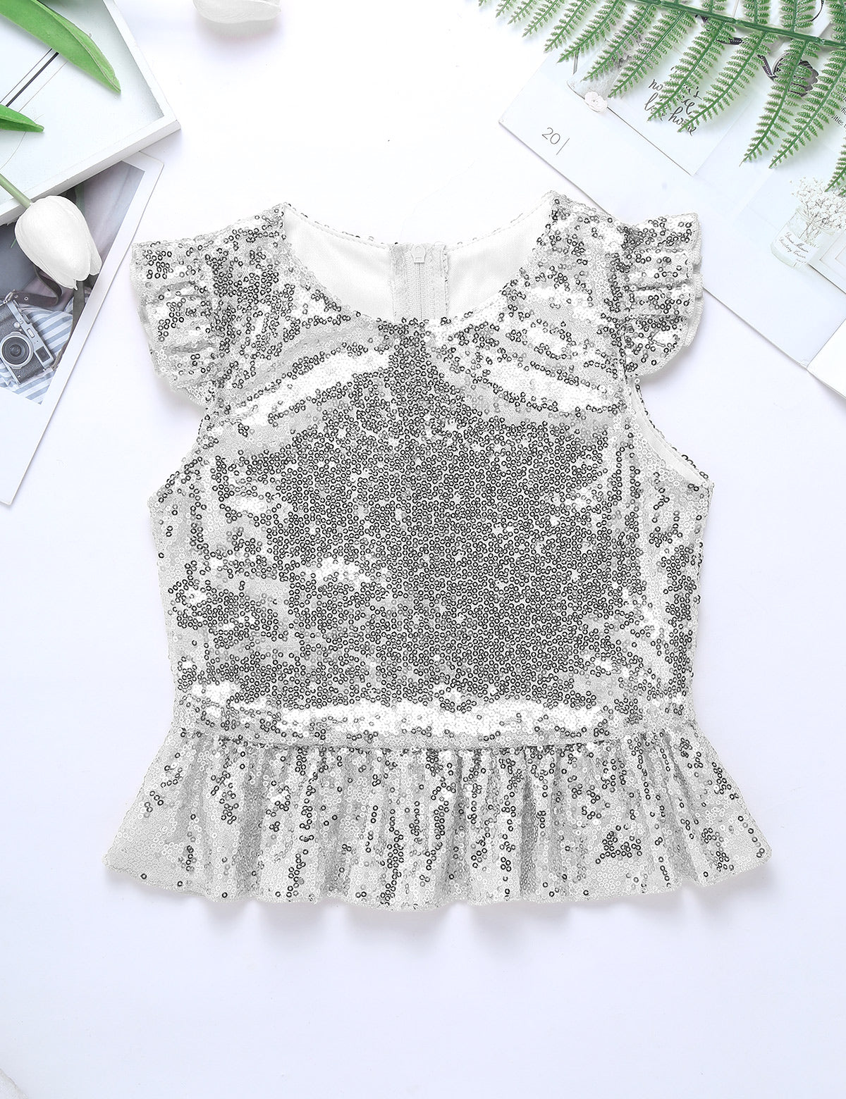 Girls Mermaid Sparkly Sequins Short Flutter Cap Sleeves Ruffle T-shirts Dance Performance Party Tops