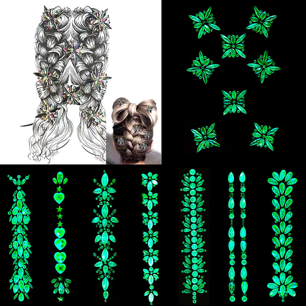 Glow in the Dark 3D Crystal Forehead Hair Part Stickers Festival Hair