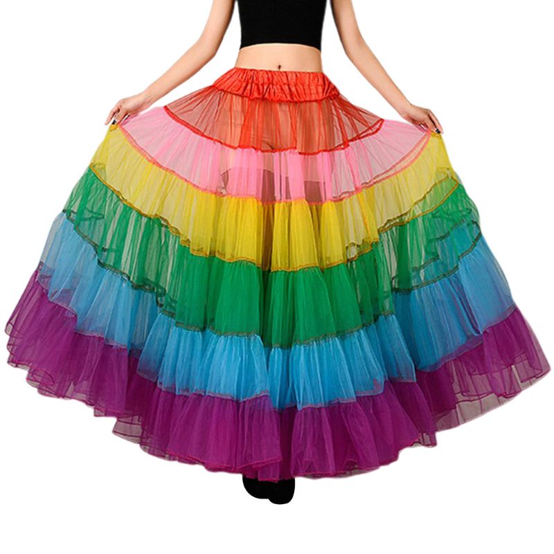 Rainbow Crinoline Pettiskirt Long Underskirt Mesh Tutu Dance Skirt