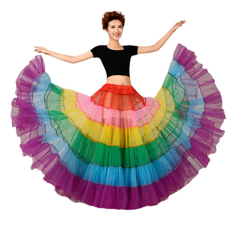 Rainbow Crinoline Pettiskirt Long Underskirt Mesh Tutu Dance Skirt