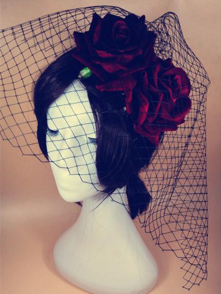 Gothic Wine Red Rose & Veil Fascinator
