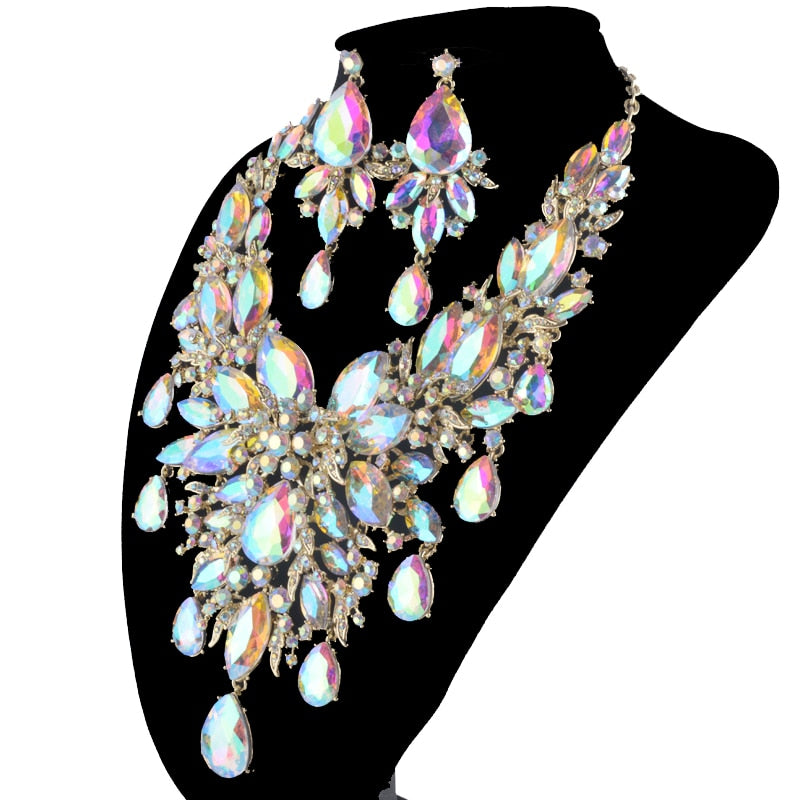 Iridescent Crystal Raindrops Statement Necklace and Earring Set
