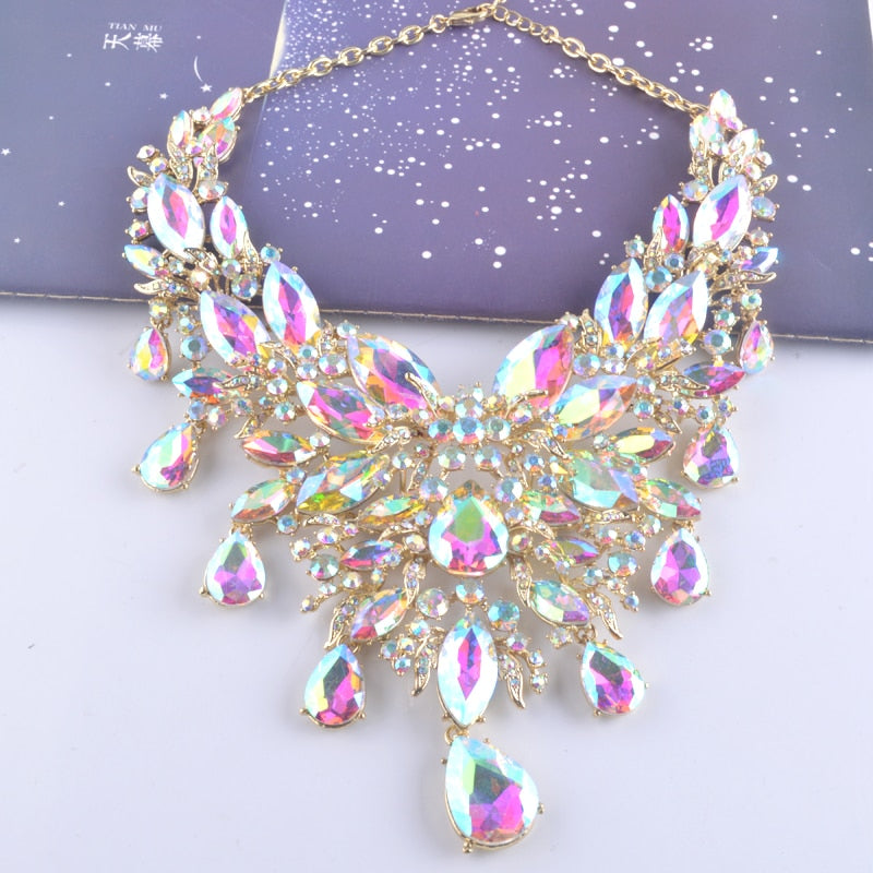 Iridescent Crystal Raindrops Statement Necklace and Earring Set