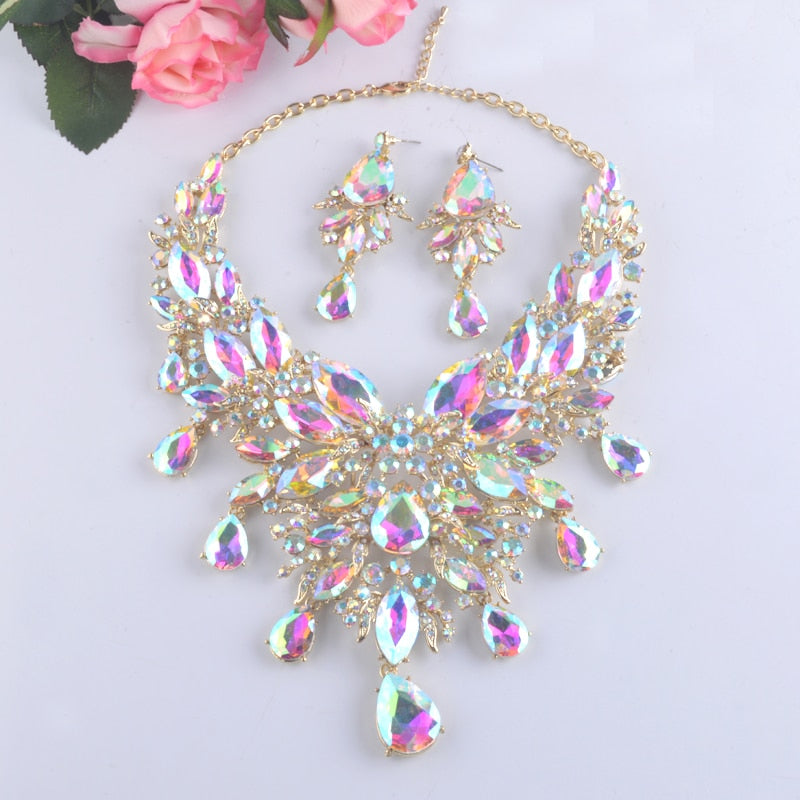 Iridescent Crystal Raindrops Statement Necklace and Earring Set