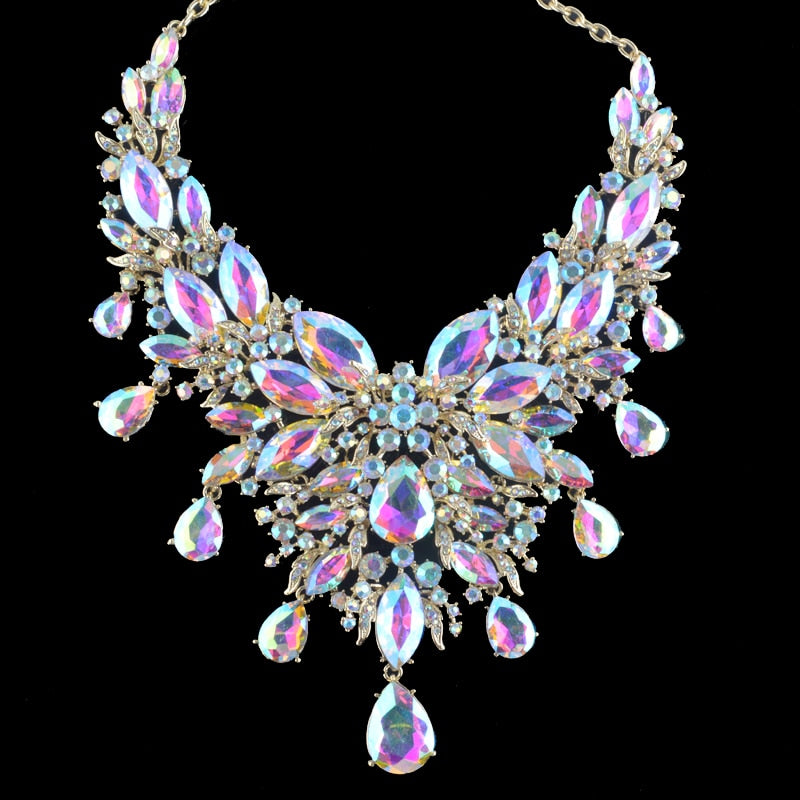 Iridescent Crystal Raindrops Statement Necklace and Earring Set
