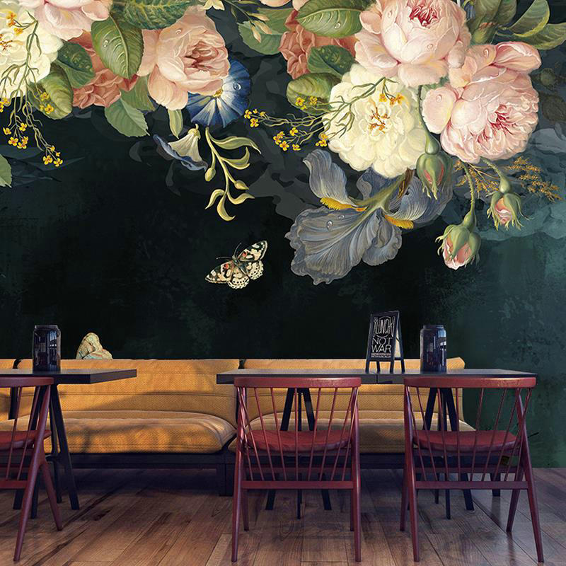 Peonies Oil Painting Black Mural Wallpaper | Mural Silk Cloth Waterproof Wallpaper