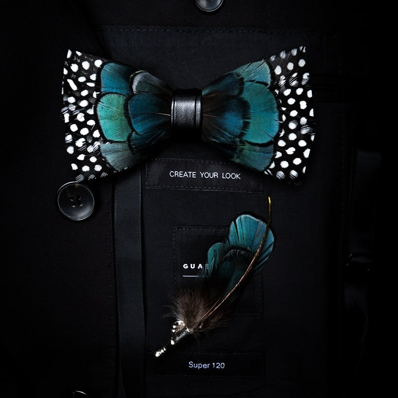 Natural Feather Handmade Bow Tie & Lapel Pin Gift Box Set For Men