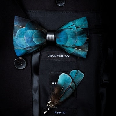 Natural Feather Handmade Bow Tie & Lapel Pin Gift Box Set For Men.