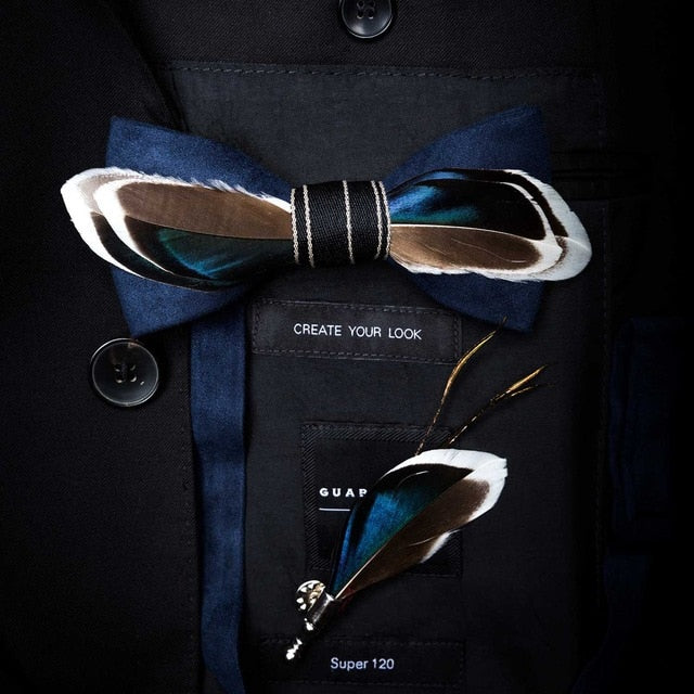 Natural Feather Handmade Bow Tie & Lapel Pin Gift Box Set For Men