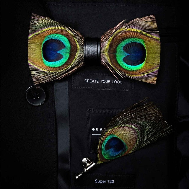 Natural Feather Handmade Bow Tie & Lapel Pin Gift Box Set For Men