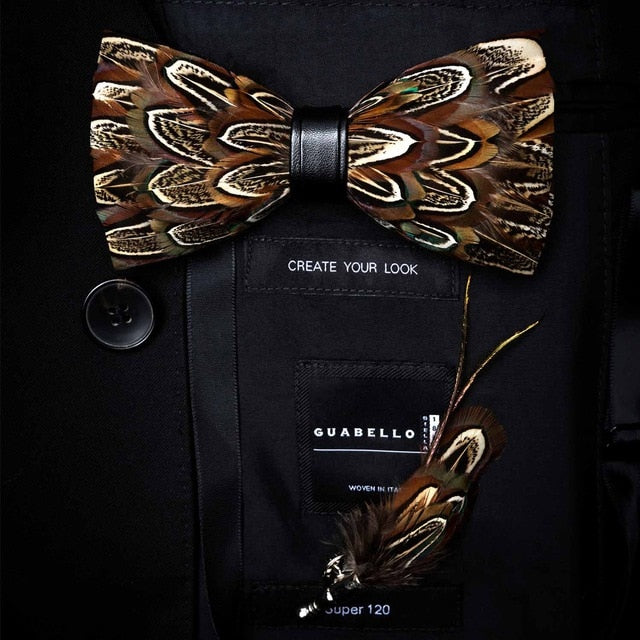 Natural Feather Handmade Bow Tie & Lapel Pin Gift Box Set For Men.