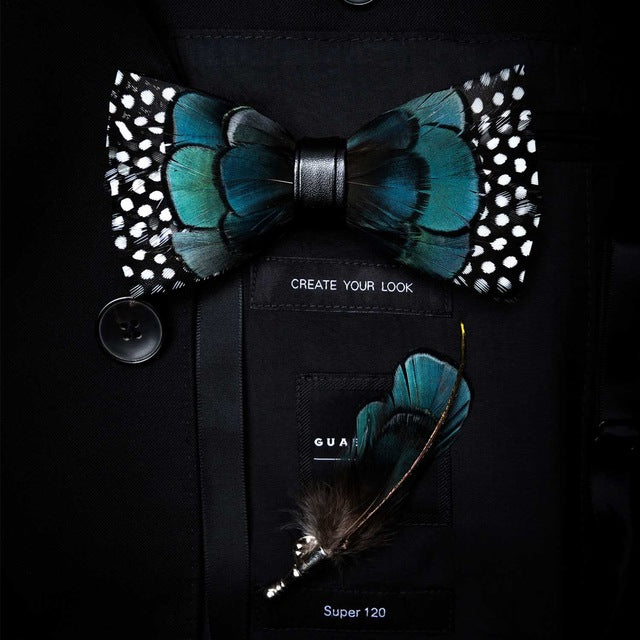 Natural Feather Handmade Bow Tie & Lapel Pin Gift Box Set For Men.