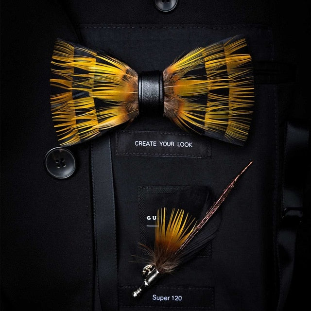 Natural Feather Handmade Bow Tie & Lapel Pin Gift Box Set For Men