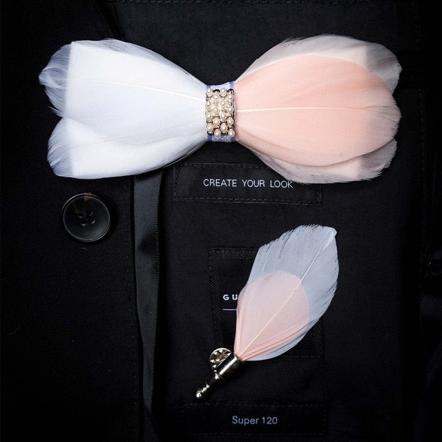 Natural Feather Handmade Bow Tie & Lapel Pin Gift Box Set For Men.