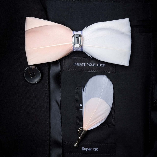 Natural Feather Handmade Bow Tie & Lapel Pin Gift Box Set For Men